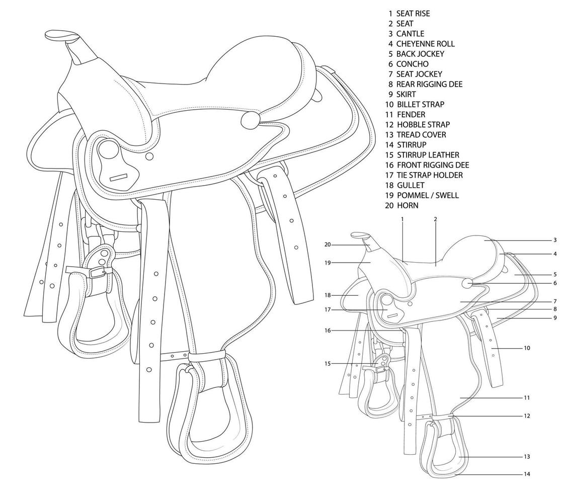 descripción del diseño de una silla de montar para montar en el ejemplo de una silla de vaquero. dibujo detallado en blanco y negro de una silla de montar para estudiar en institutos educativos especializados y secciones deportivas. vector