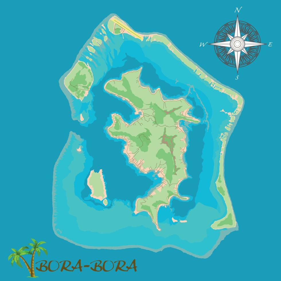 isla bora-bora. mapa de fondo satelital realista con carreteras y ubicación del aeropuerto. dibujada con precisión cartográfica. una vista de pájaro. vector