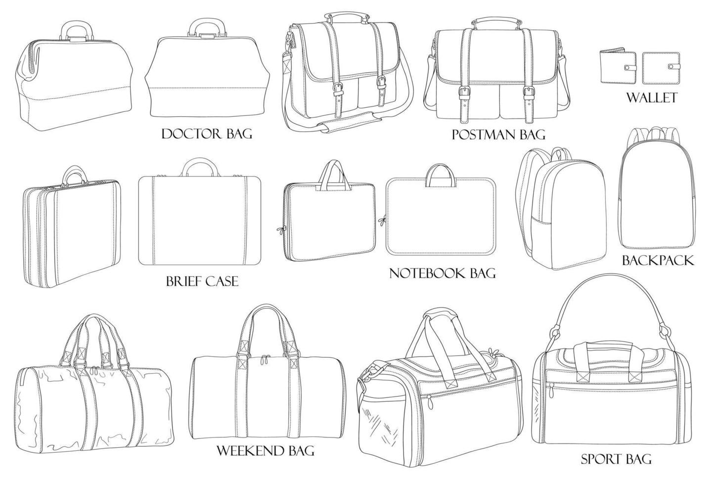 Types of bags. Set illustration of stylish bags. Doctor bag, postman bag, backpack, weekend, wallet, brief case, sport bag, notebook bag. Collection of luxury modern accessories. vector