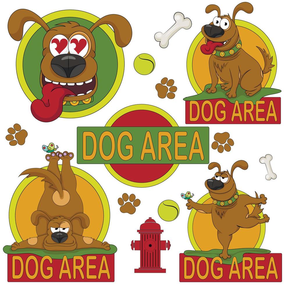 zona de perros. ilustración vectorial para indicar áreas de terreno destinadas a perros. conjunto de iconos y pegatinas de colores. vector