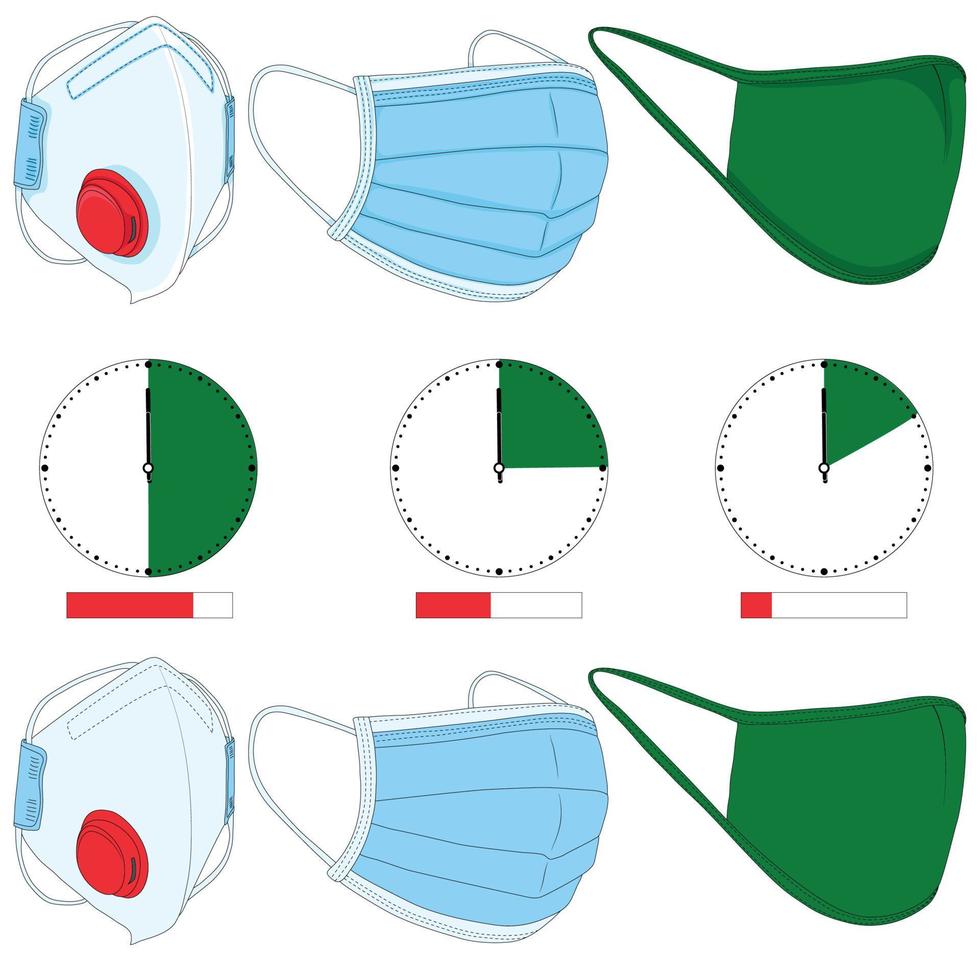 mascarilla médica. diferentes tipos de mascarilla quirúrgica para proteger contra virus y enfermedades respiratorias. protección de las vías respiratorias. vector