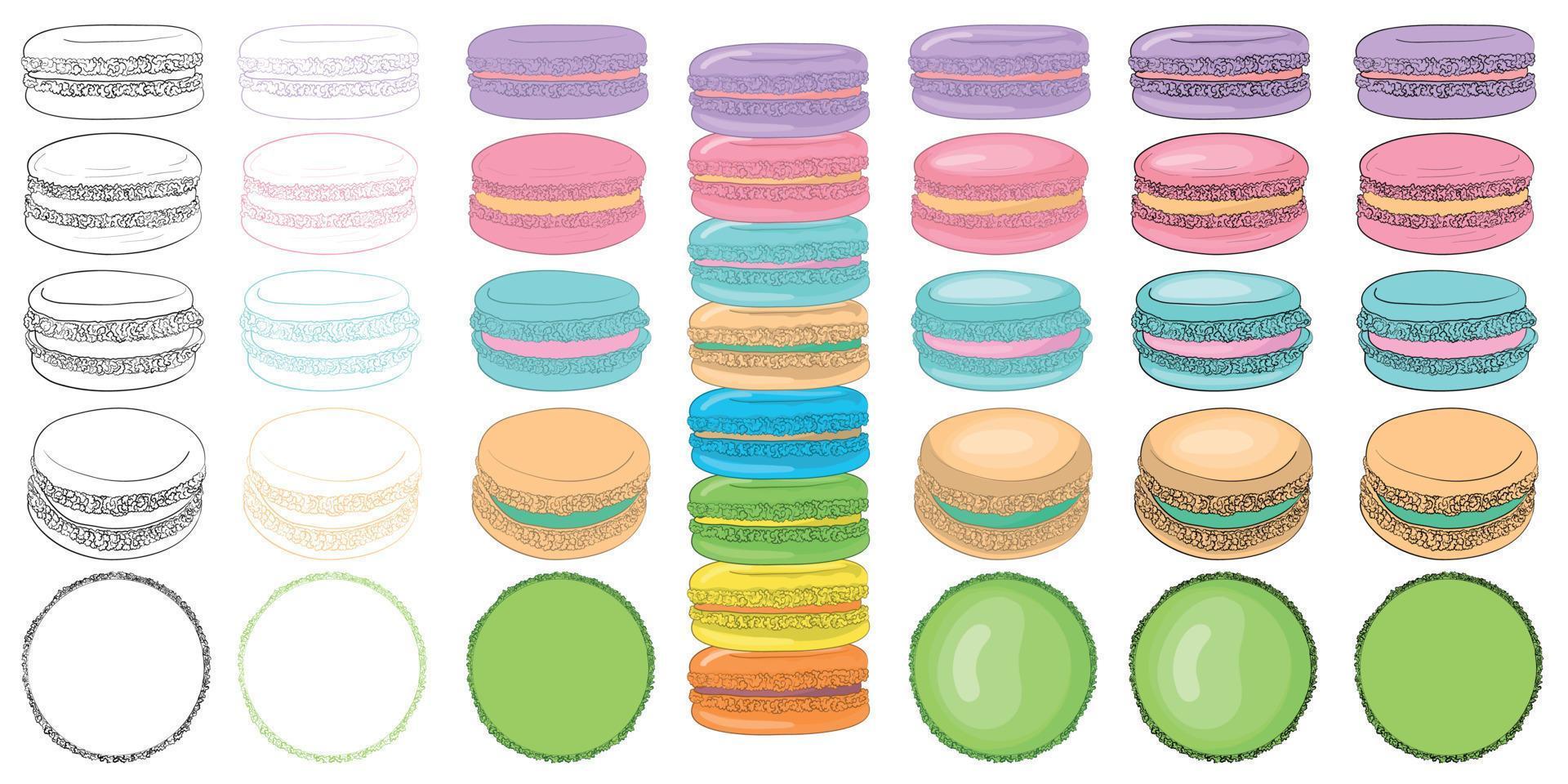 macarrón. diferentes tipos de pasteles dulces. dibujo dulce tradicional francés. vector