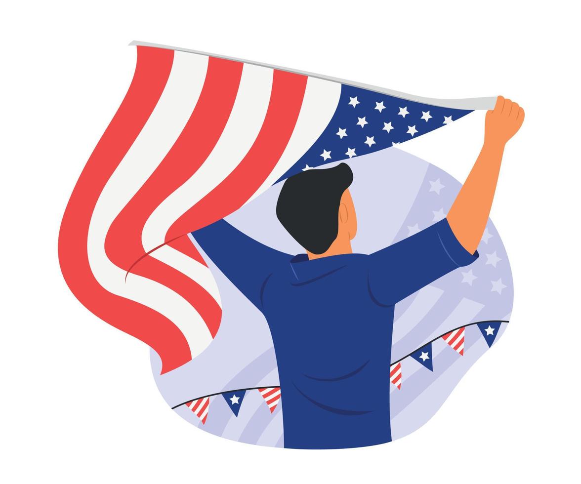 hombre que sostiene la bandera americana para la celebración del día de la independencia del 4 de julio. vector