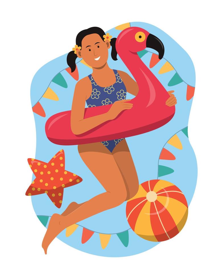 Young Girl Enjoying Summer Pool Party. vector