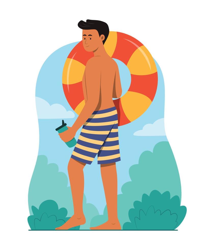 hombre que sostiene un anillo inflable para disfrutar de la actividad de verano. vector