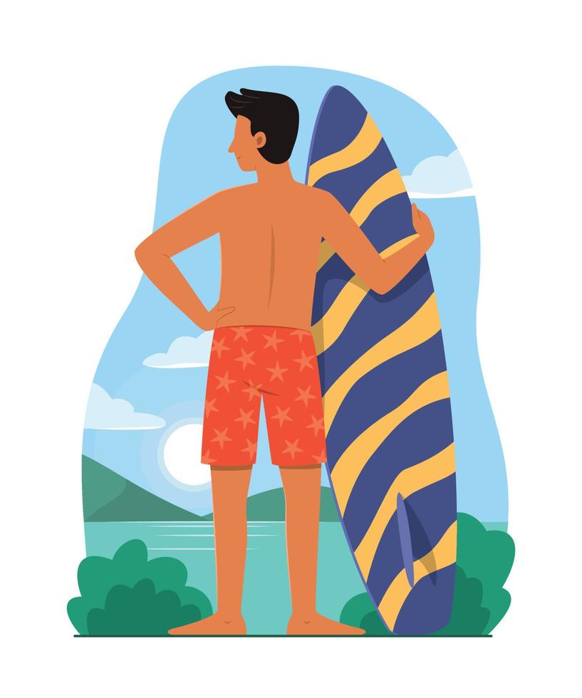 hombre que sostiene la tabla de surf en la playa. vector