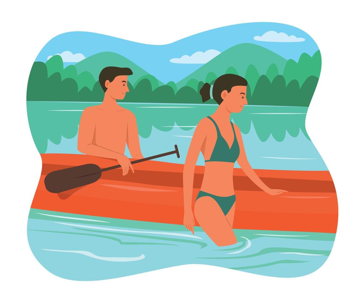 Man and Woman Enjoying with Canoe in River. vector