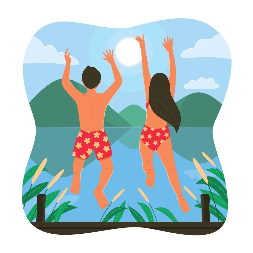 hombre y mujer saltando al lago. vector