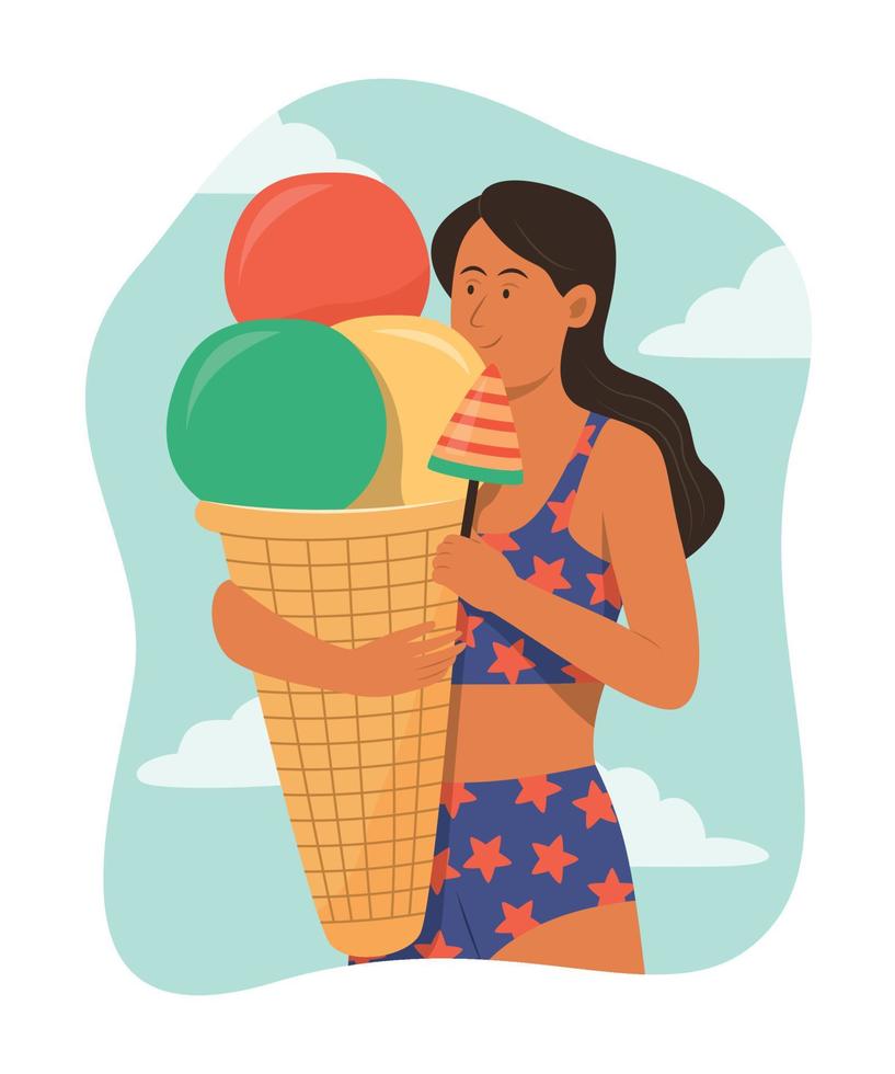 mujer joven sosteniendo un gran cono de helado con concepto de verano. vector