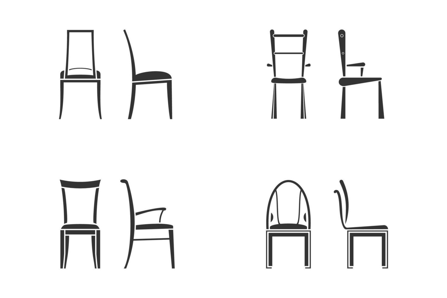 conjunto de iconos de silla en blanco y negro para la cocina. vista frontal y vista lateral de diferentes sillas de estilo plano, ilustración vectorial vector