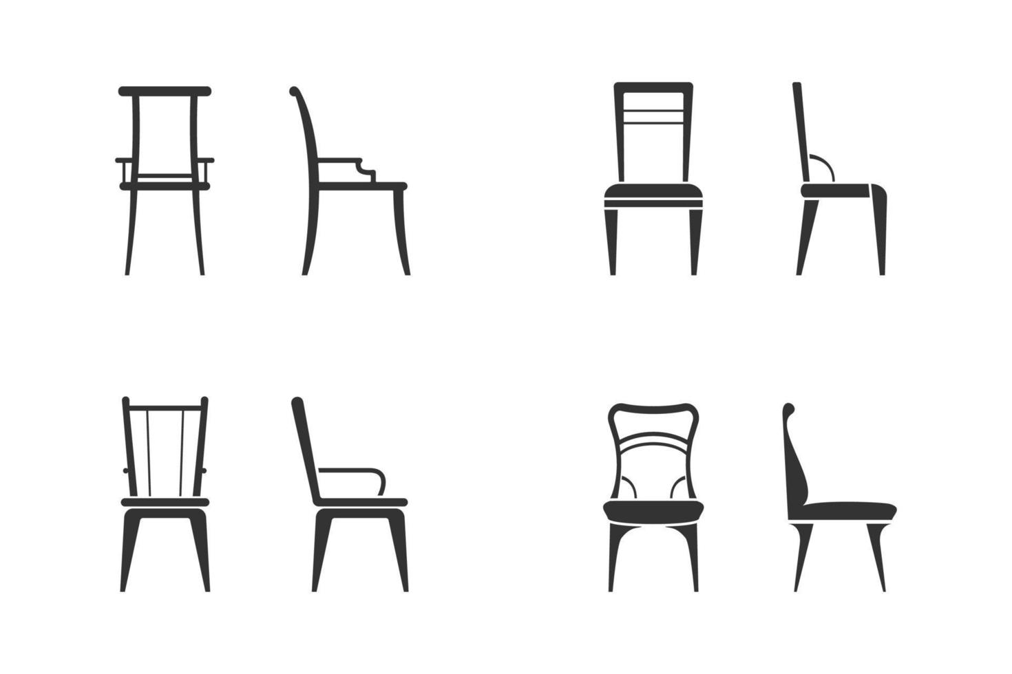 Set of black and white chairs icon. Front view and side view of different chair flat style, vector illustration