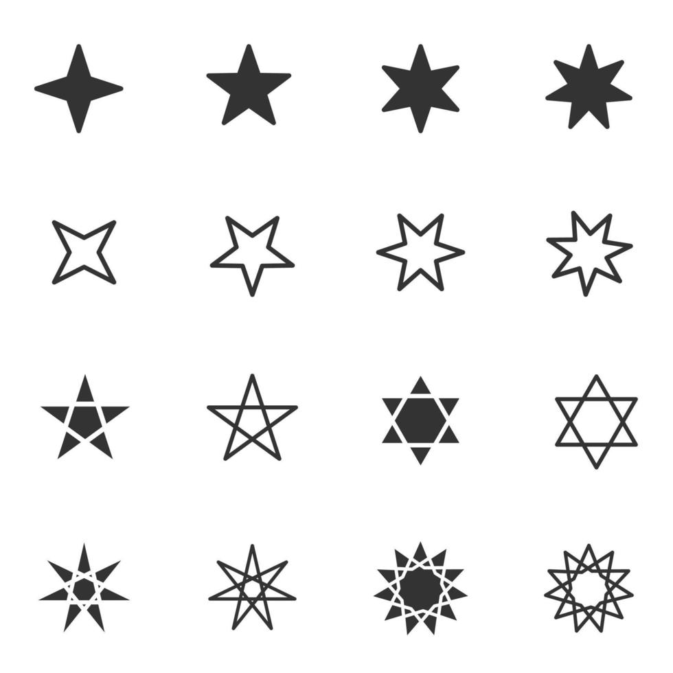 conjunto de iconos de estrellas en blanco y negro con diferentes estilos planos de estrellas, ilustración vectorial vector