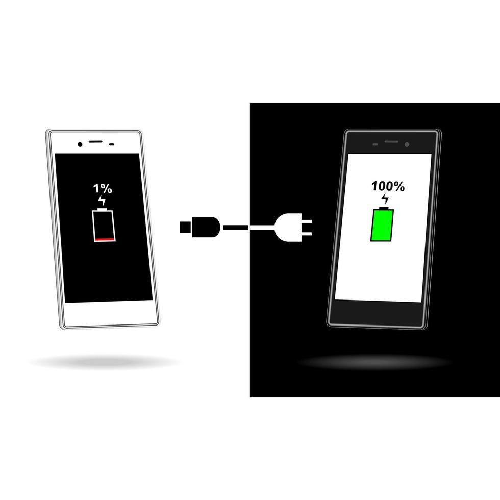 teléfono inteligente con batería descargada y completamente cargada. conjunto de smartphones con indicadores de nivel de carga de la batería y con conexión usb... icono aislado sobre fondo negro. ilustración vectorial vector