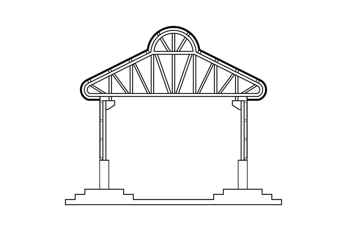 Abstract outline drawing, space frame structure of warehouse with concrete stair vector illustration