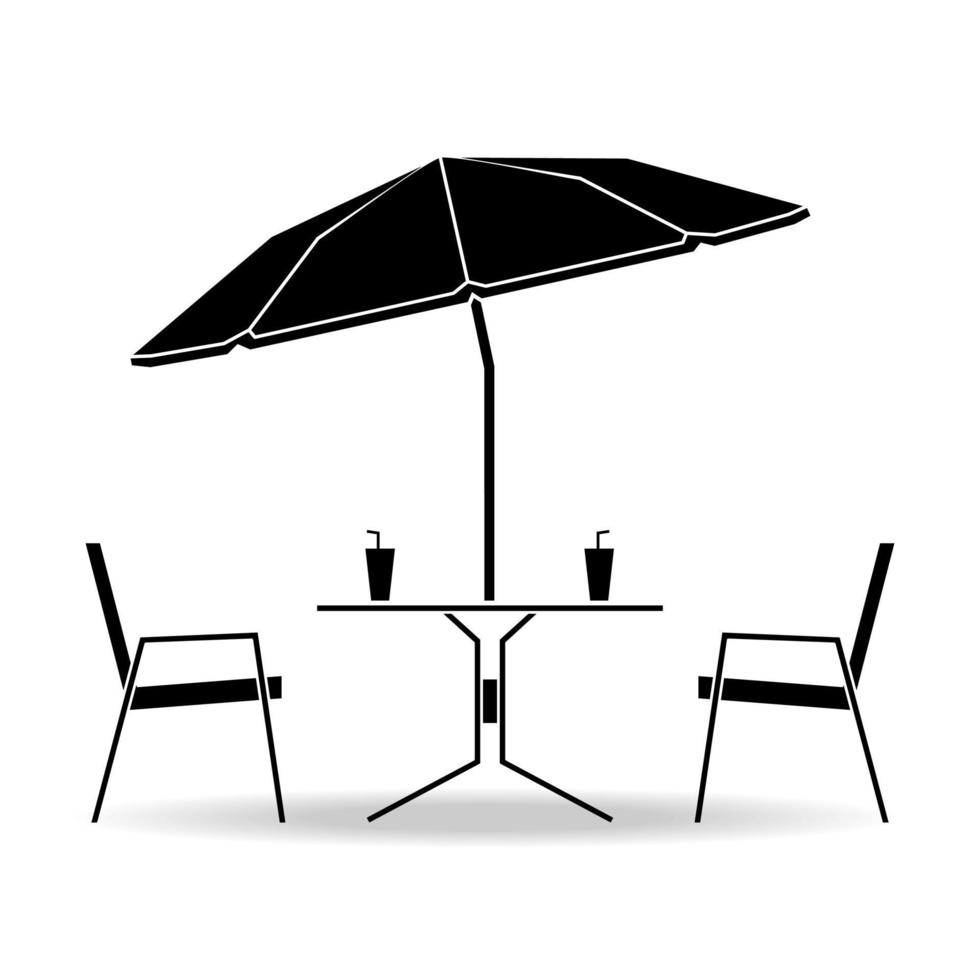 Black cafe table and two chairs under beach umbrella on white background, vector illustration