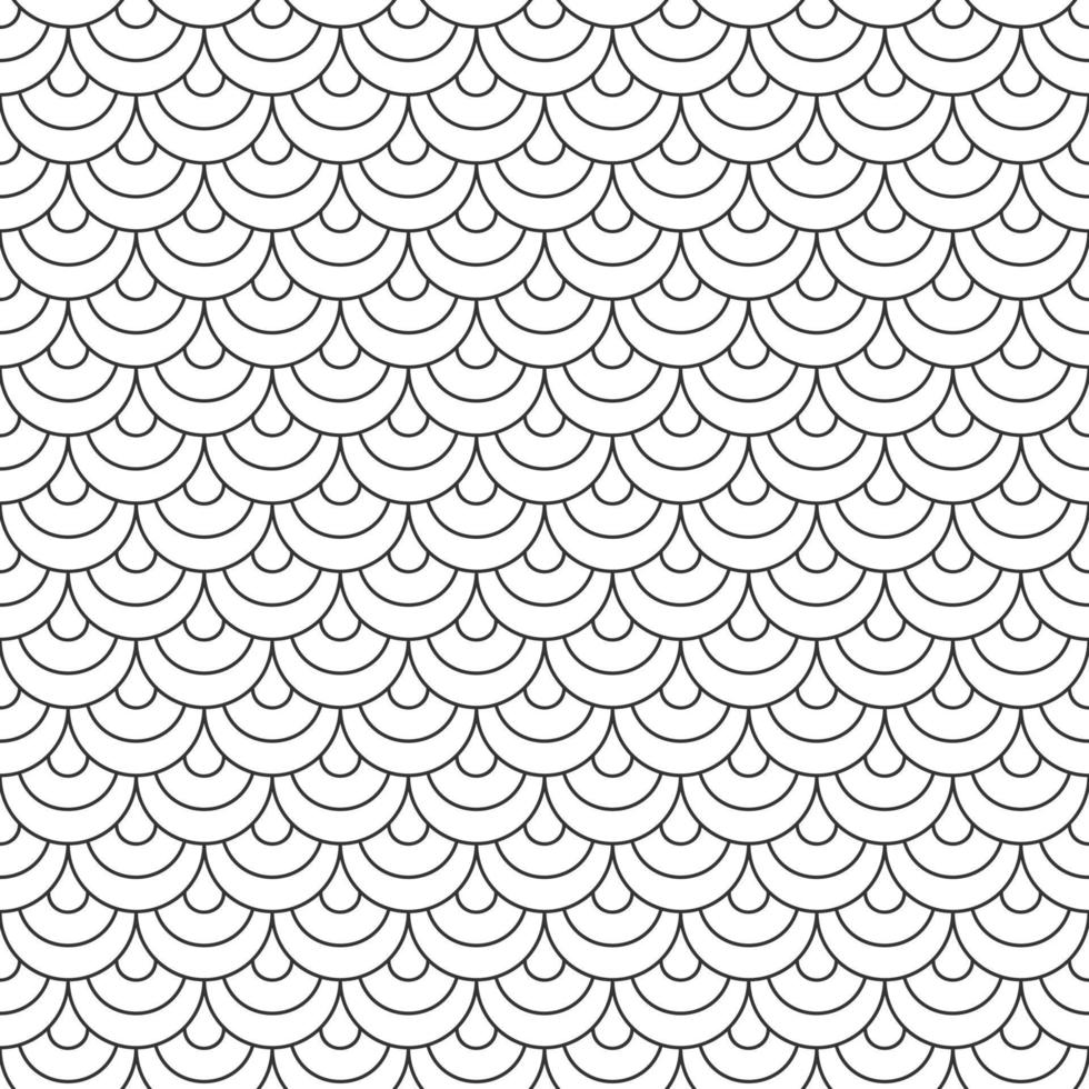 Abstract seamless fish scale pattern, black and white tile roof. Design geometric texture for print. Linear style, vector illustration