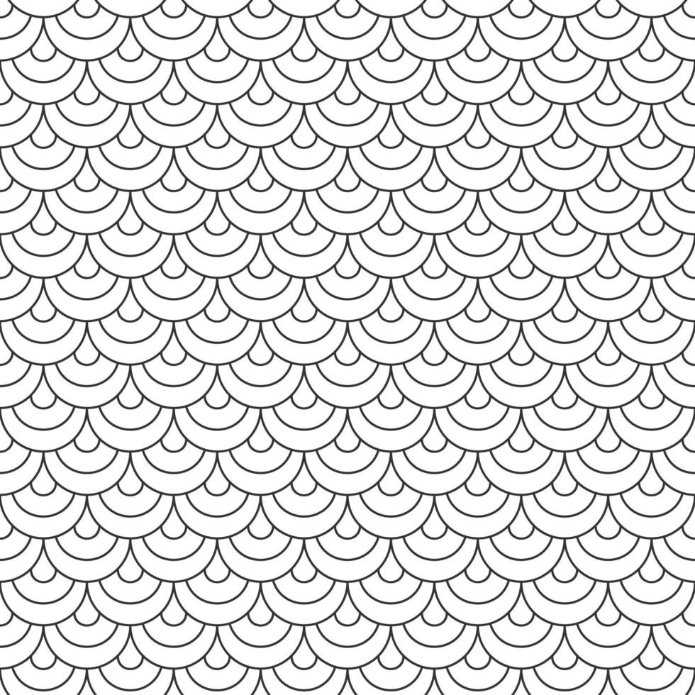 Abstract seamless fish scale pattern, black and white tile roof. Design geometric texture for print. Linear style, vector illustration