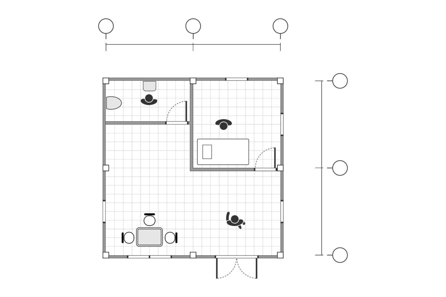 Top view, black and white outline drawing, home plan simple flat with line grid, vector illustration