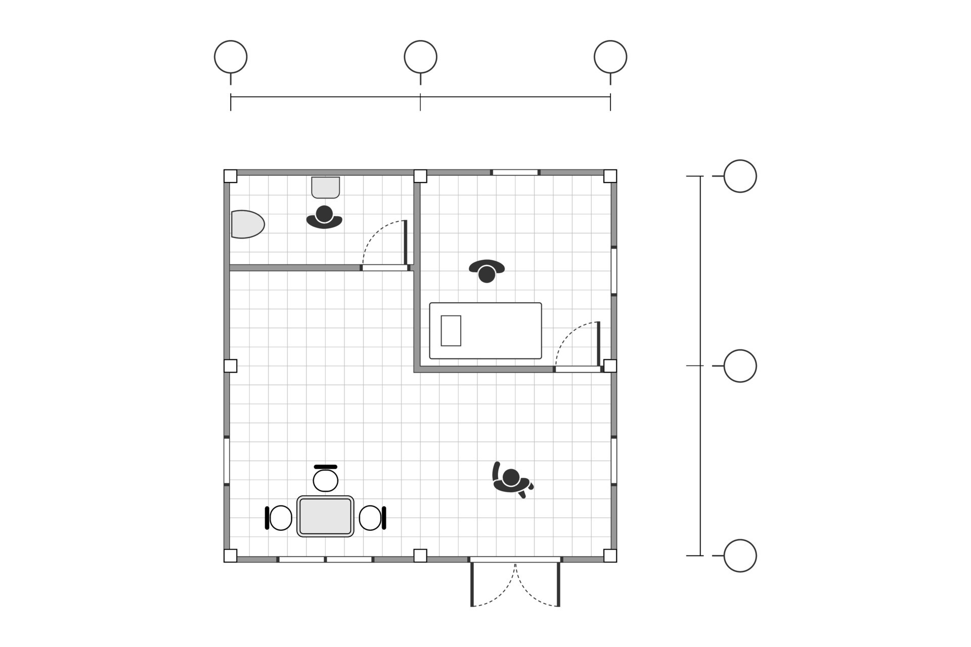 Top view, black and white outline drawing, home plan simple flat with