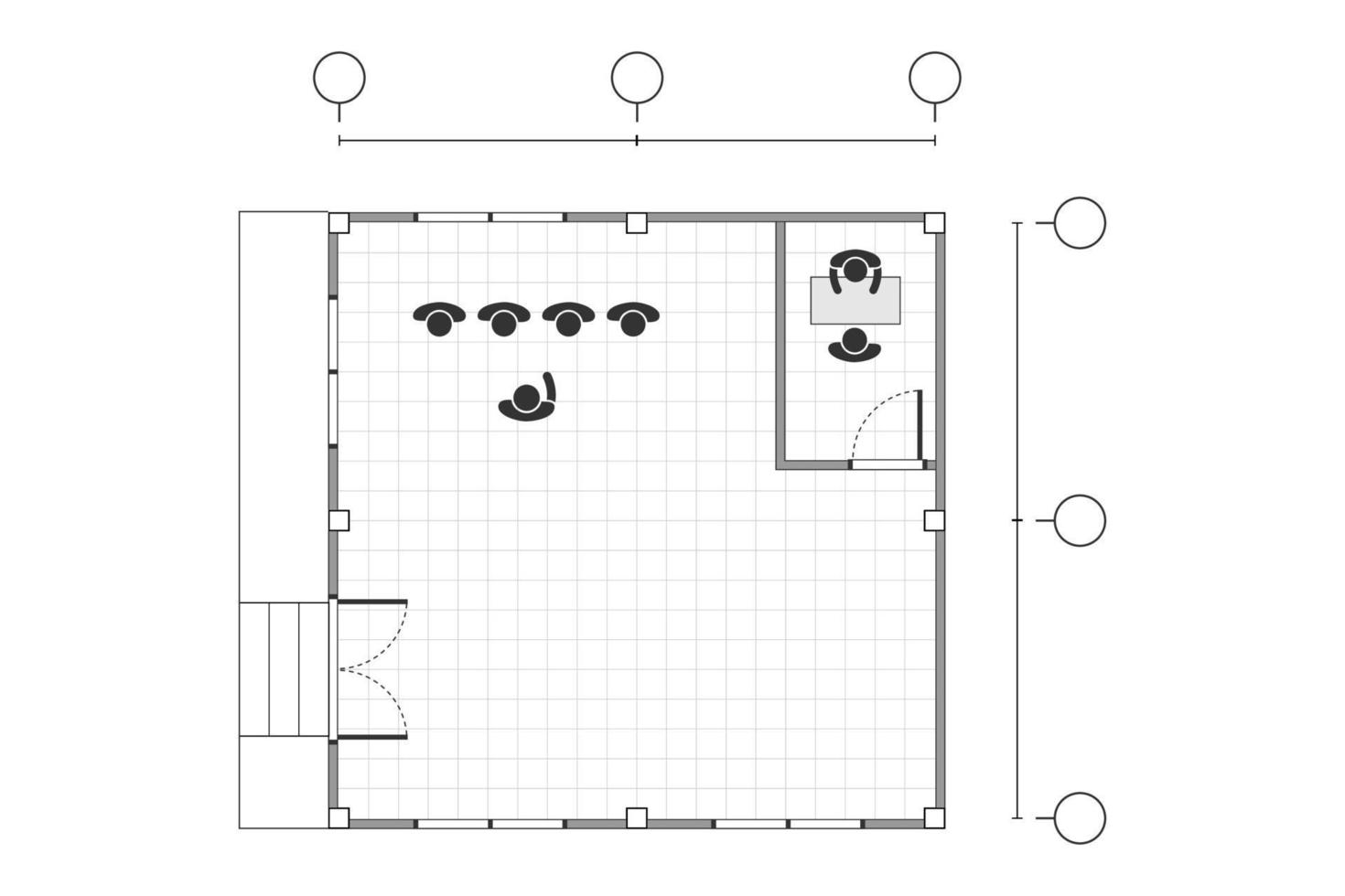vista superior, dibujo de contorno en blanco y negro, plan de oficina plano simple con cuadrícula de línea, ilustración vectorial vector