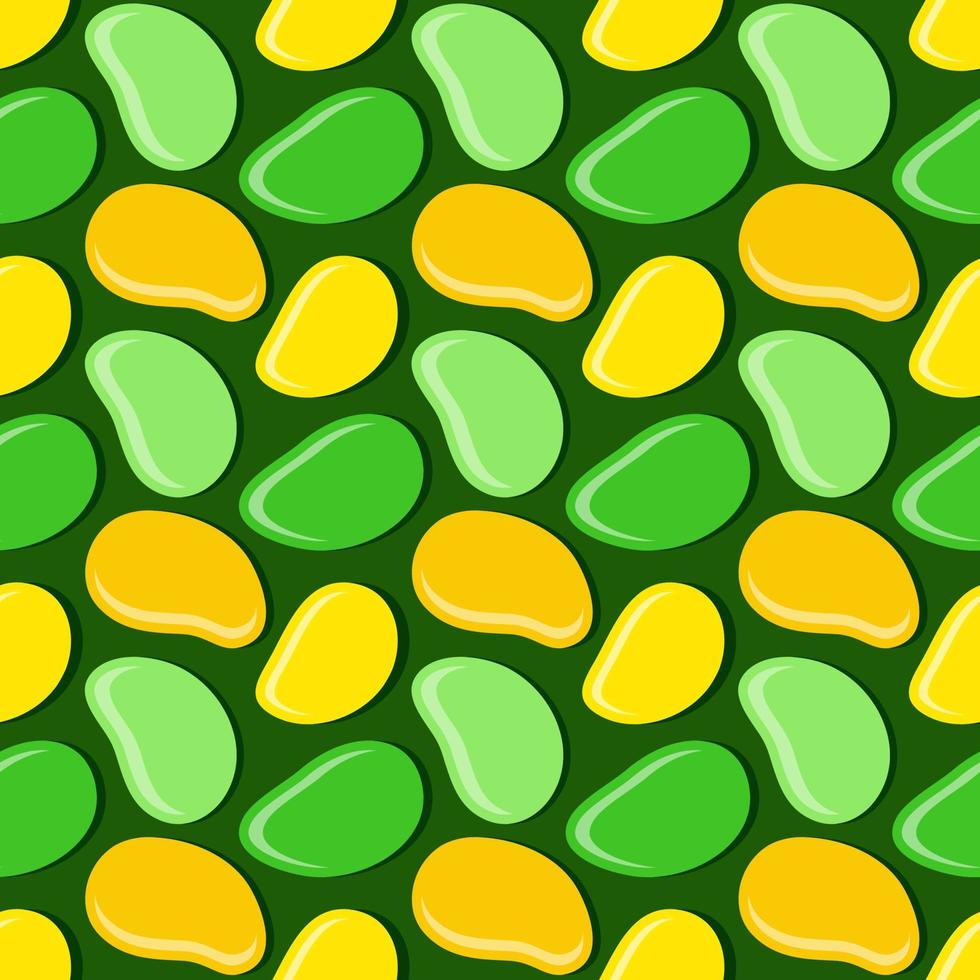 Seamless geometric pattern, mango in flat style on dark green background, stripes abstract template, vector illustration