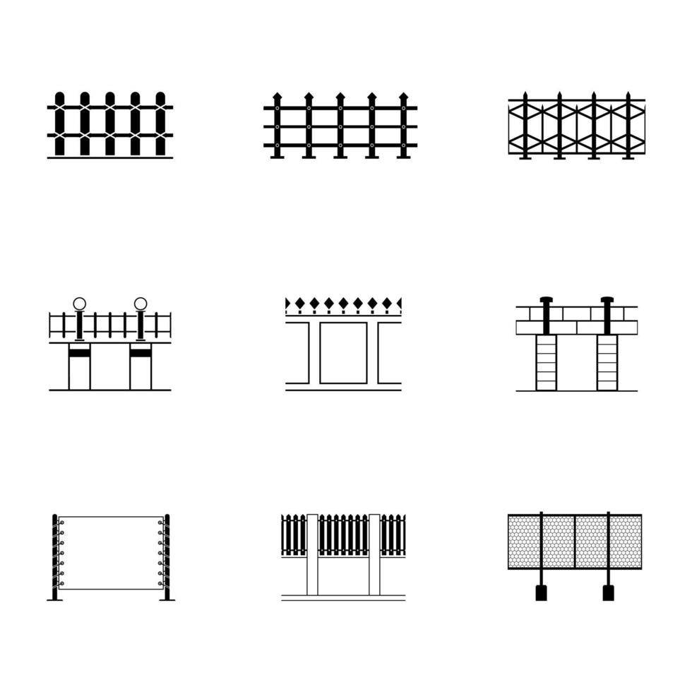 conjunto de diferentes iconos de cercas en blanco y negro con estilo plano de límite, ilustración vectorial vector