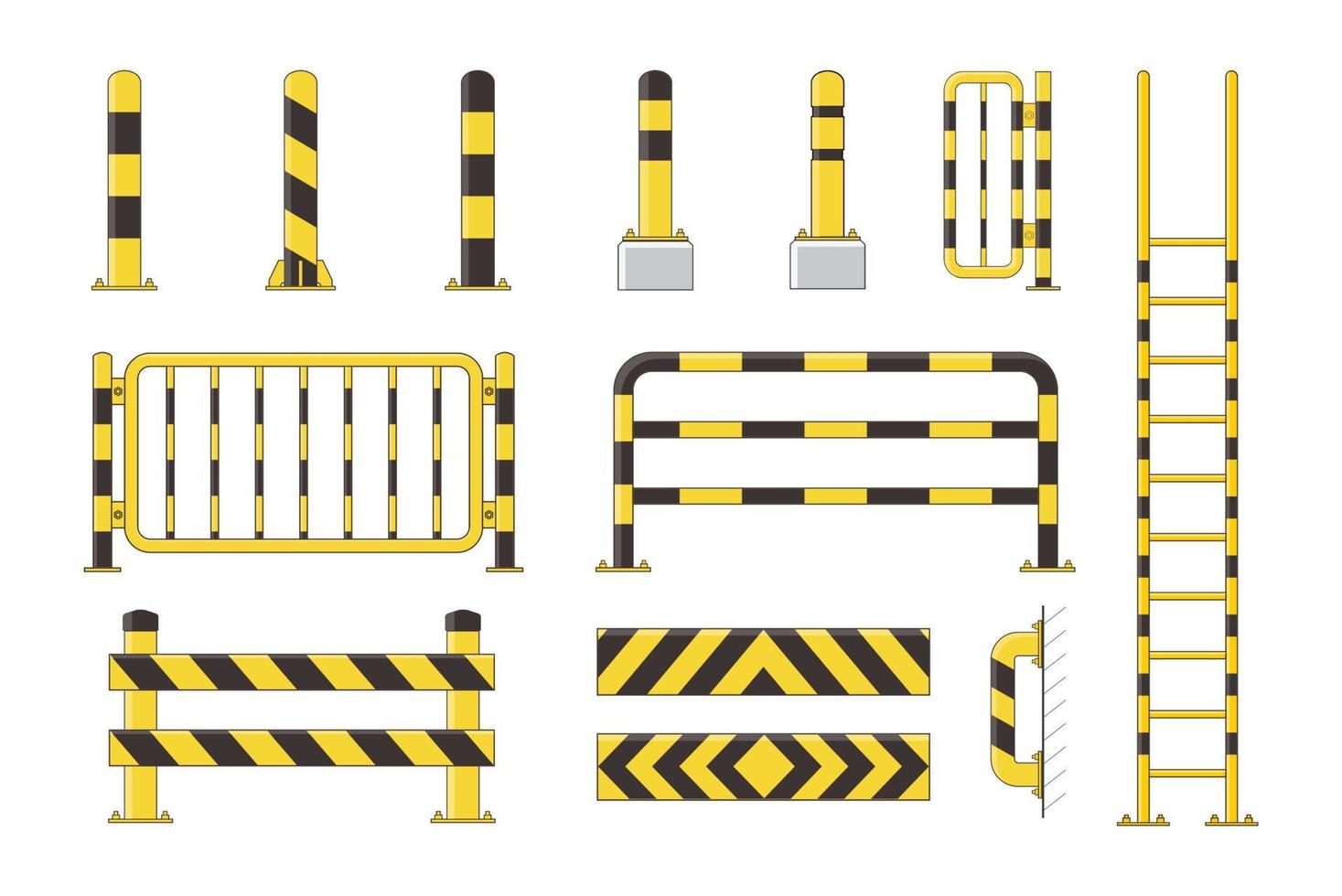 Guard post sentry yellow and black collection, icon flat column bollard set vector illustration