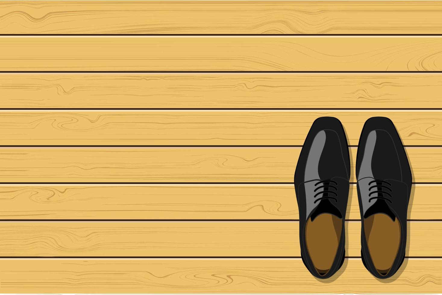 Top view of black leather men's shoes on wooden background, vector illustration