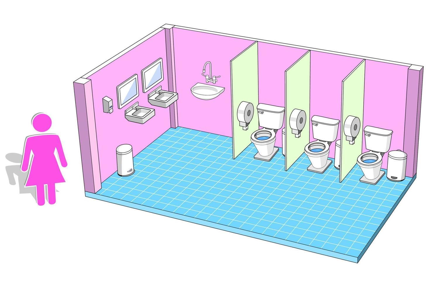 Public toilet for female with facilities isometric view, vector illustration
