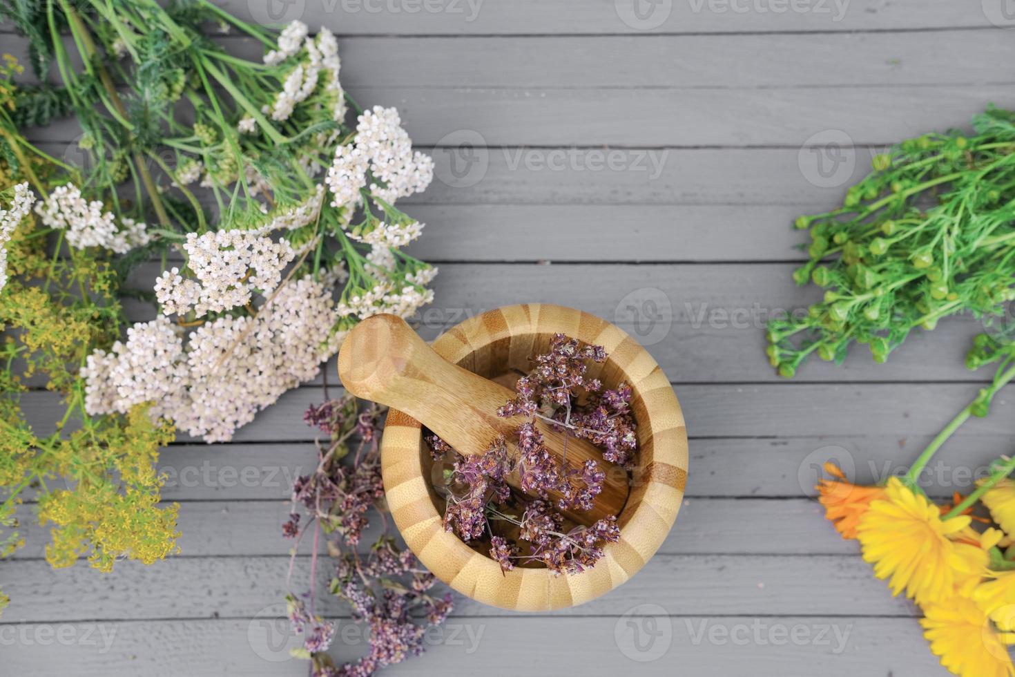 herbs for herbal tea. mortar and pestle on grey rustic table photo
