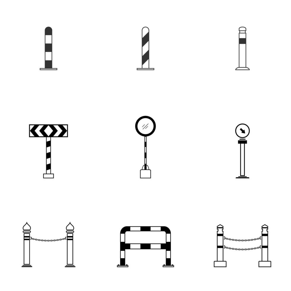 Set of black and white column bollard icon with guard post sentry flat style, vector illustration