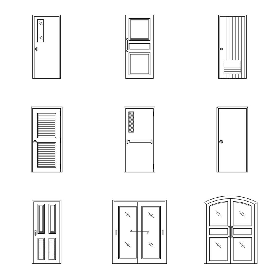 Set of black and white doors icon.Interior design linear signs for home, vector illustration