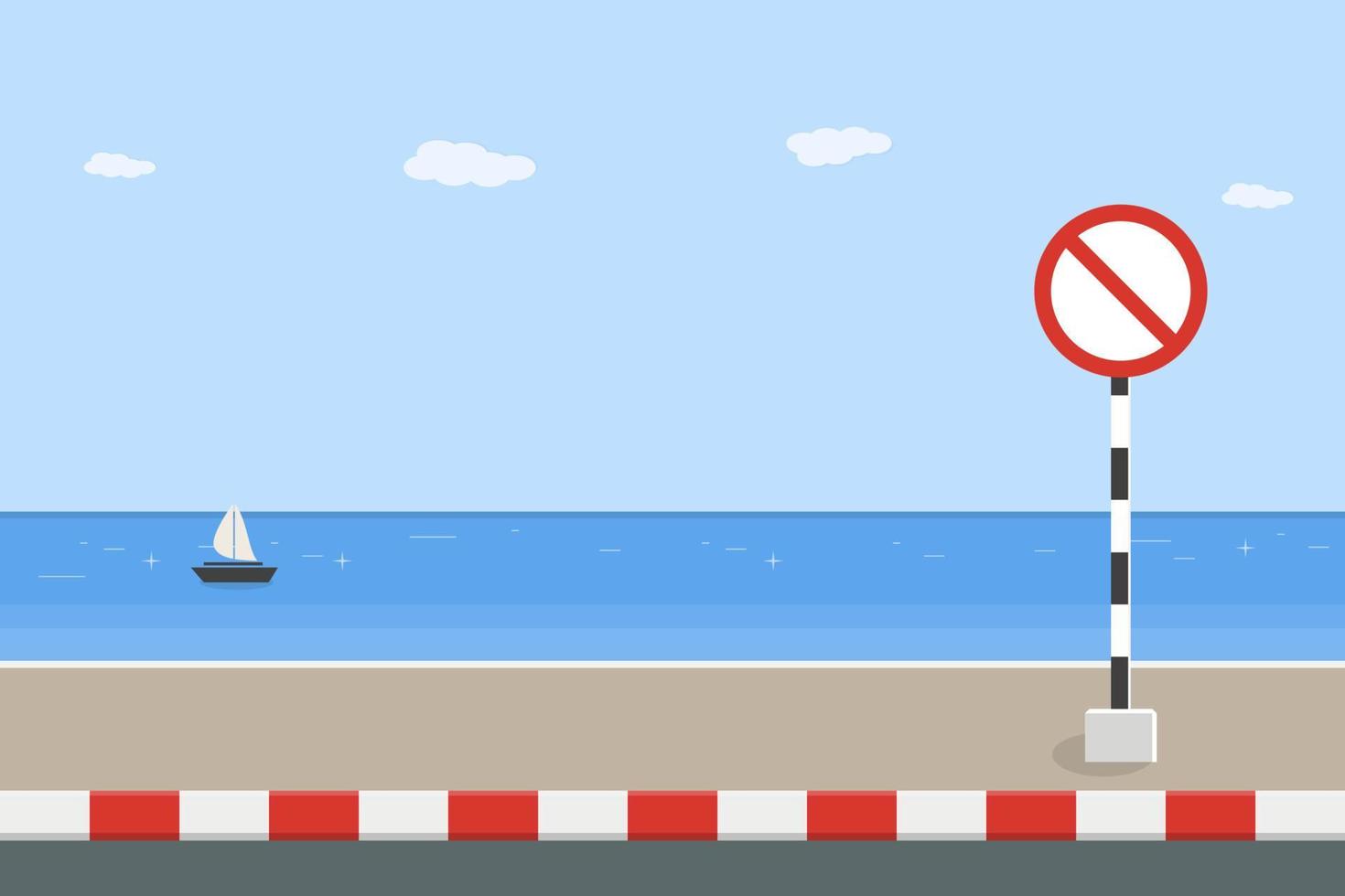 No parking traffic sign board on sidewalk with sea background, vector illustration