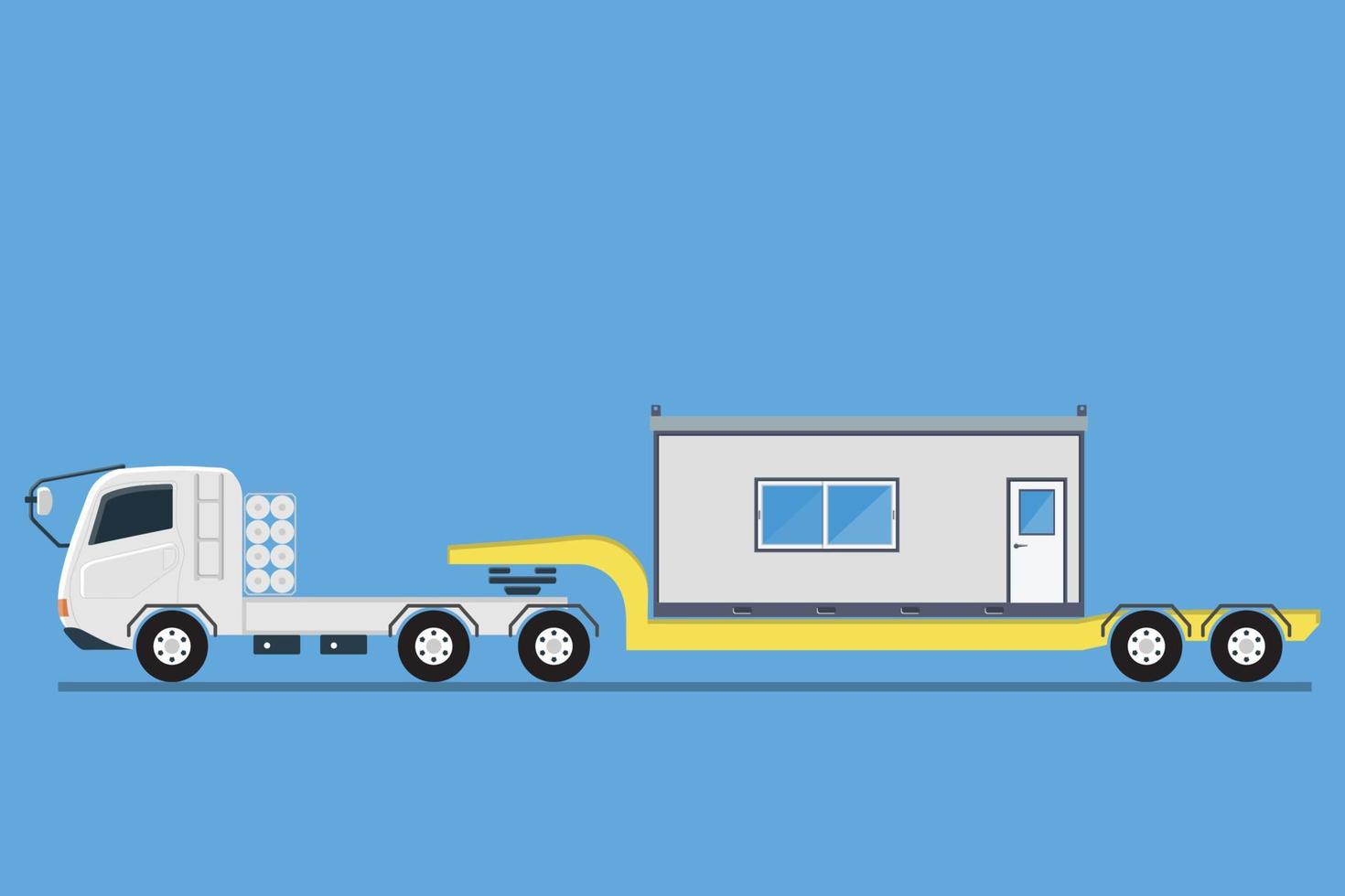 Side view of trailer transporting container office construction site, vector illustration