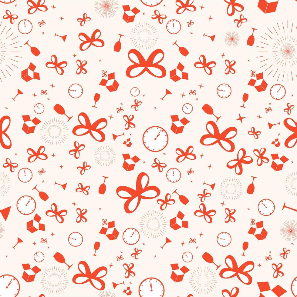 New year holidays with gifts seamless pattern, red bow ribbon with watch on white background, stripes abstract template, vector illustration