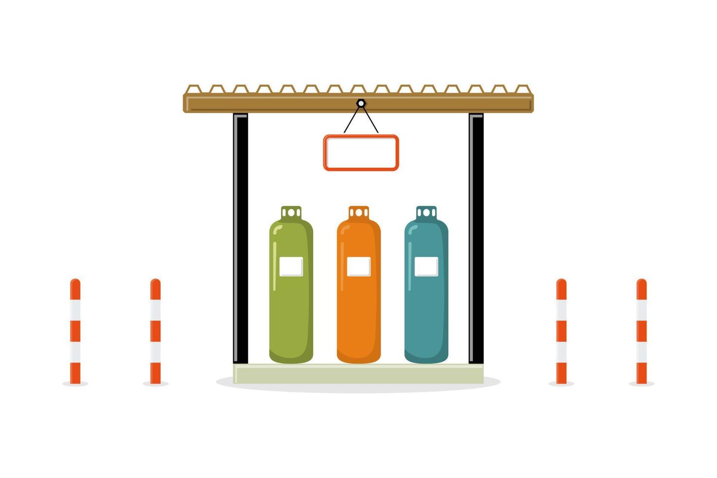 Storage of gas cylinders with red white column bollard isolate on white background. Petroleum fuel tanks, Different colors tanks, vector illustration