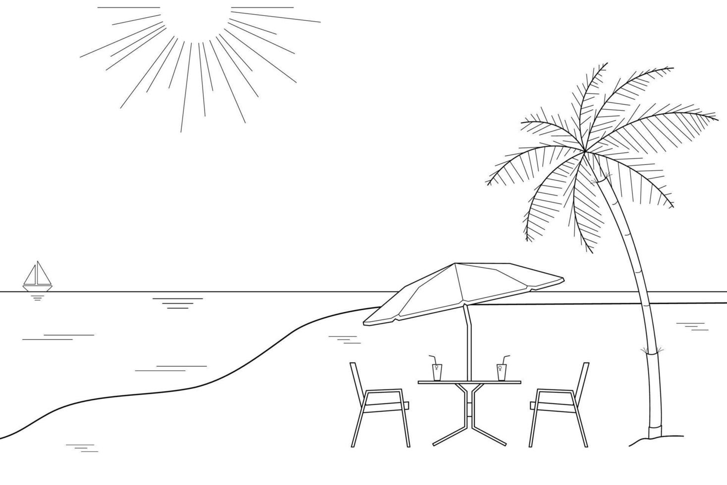Black and white outline drawing of a striped beach umbrella and the two wooden chairs on a white background, vector illustration