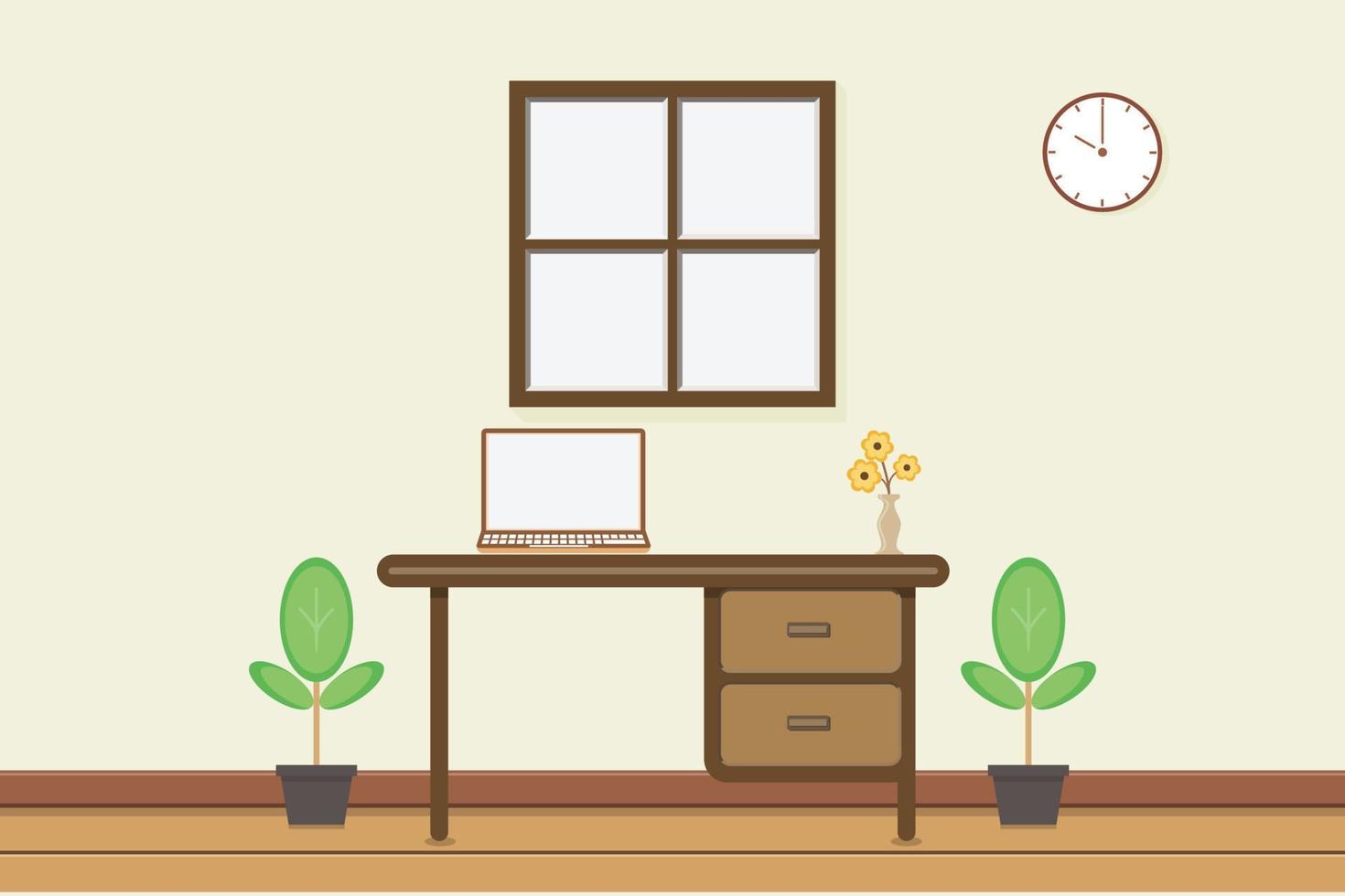 lugar de trabajo con computadora cerca de la ventana y el reloj de pared, ilustración vectorial vector