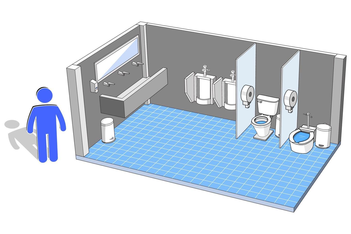 baño público para hombres con vista isométrica de instalaciones, ilustración vectorial vector