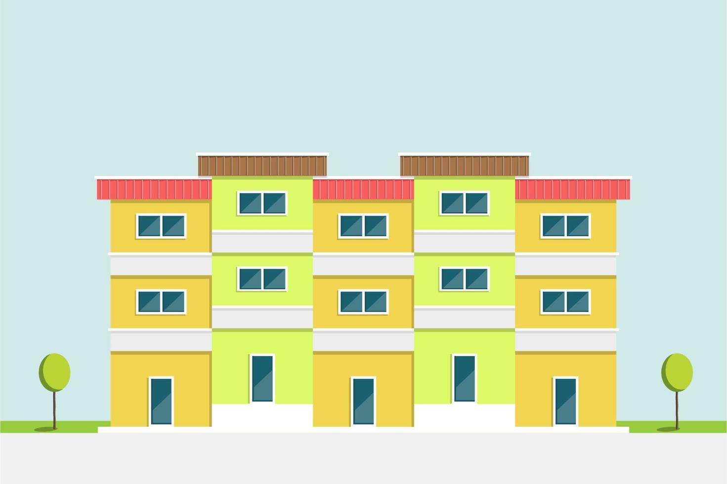 diseño plano, edificio de apartamentos verde y amarillo estilo asiático con fondo de cielo azul claro, ilustración vectorial vector