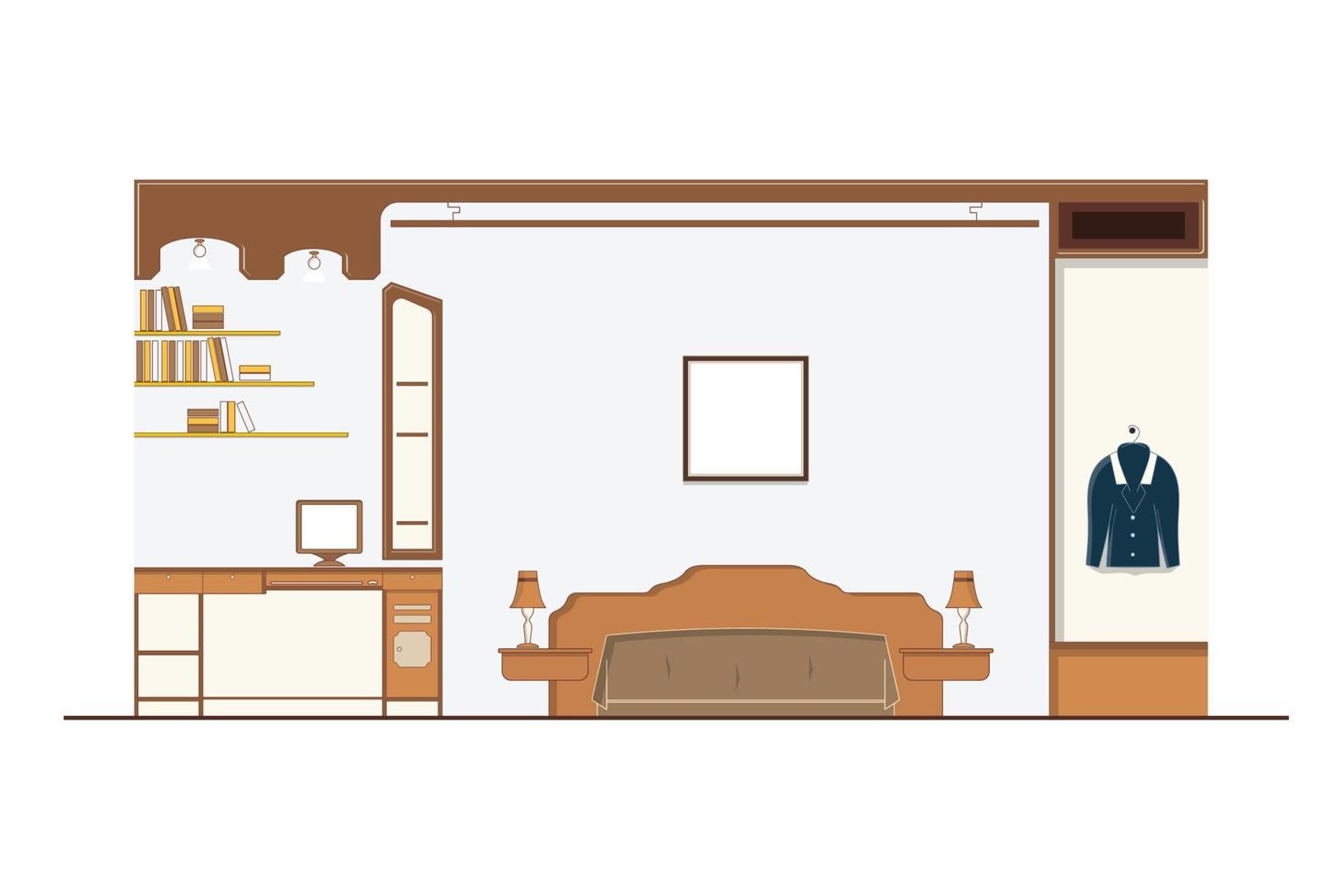 Interior bedroom design with furniture, bed, wardrobe, desk and accessory, vector illustration