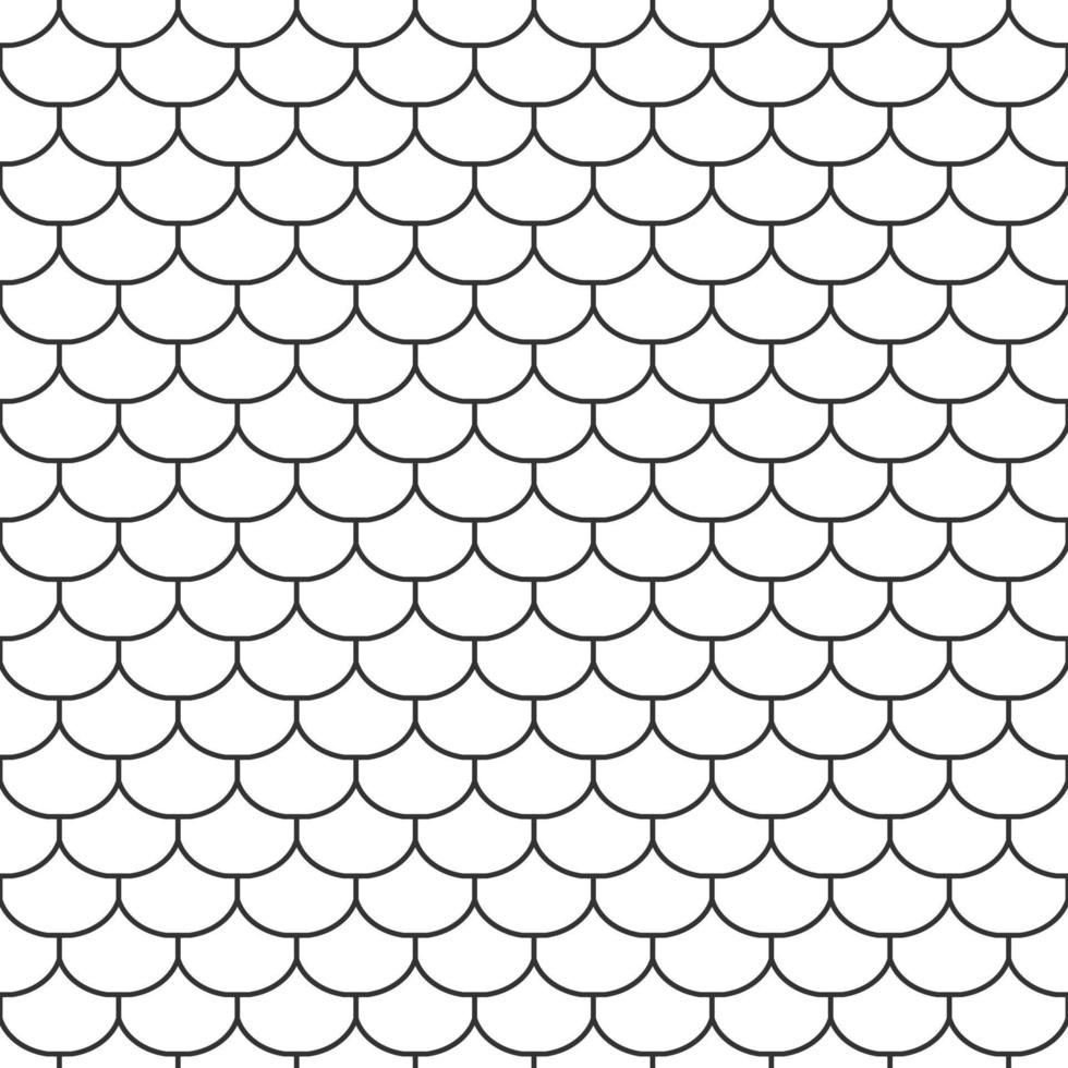 Abstract seamless fish scale pattern, outline of black and white tile roof. Design geometric texture for print. Linear style, vector illustration