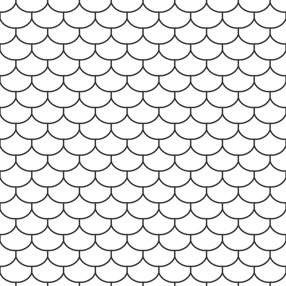 Abstract seamless fish scale pattern, outline of black and white tile roof. Design geometric texture for print. Linear style, vector illustration