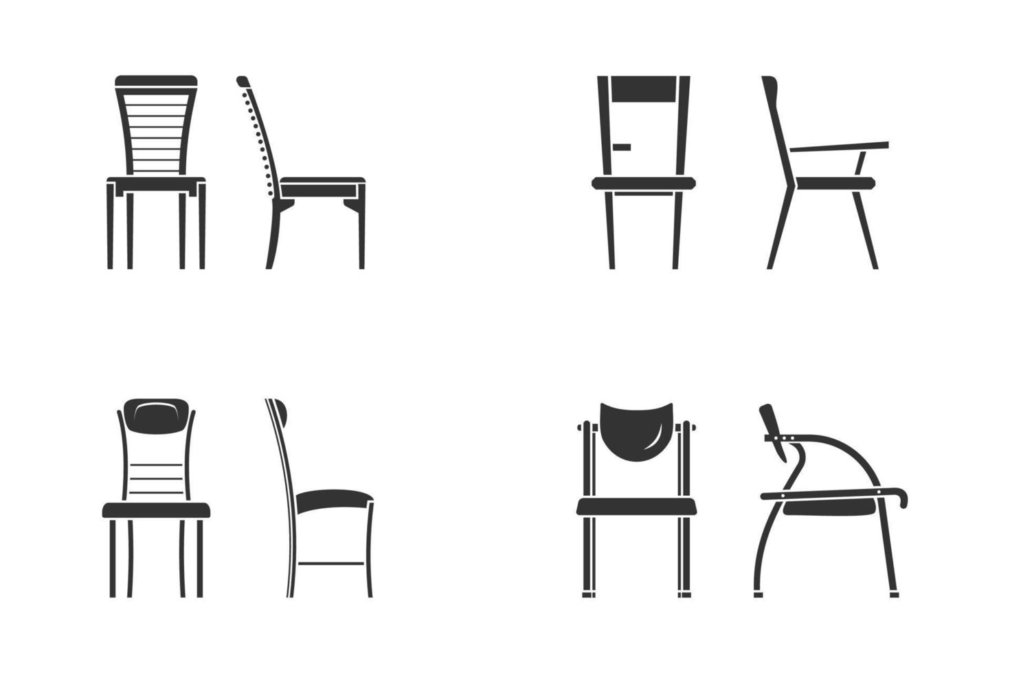 conjunto de iconos de silla en blanco y negro para el diseño de interiores. vista frontal y vista lateral de diferentes sillas de estilo plano, ilustración vectorial vector