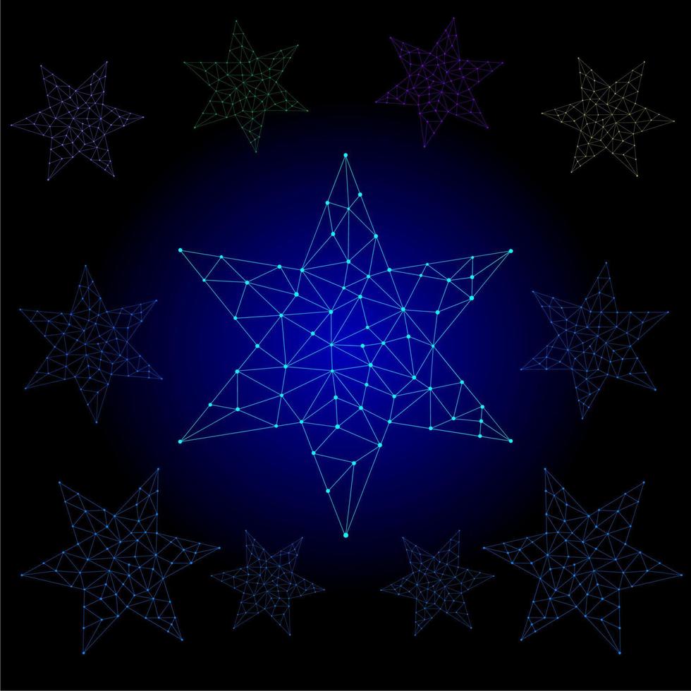 Low polygonal glowing five angles star with tail made of constellation of stars, lines, triangular shapes. Success, win symbol concept. Futuristic wireframe design vector illustration.