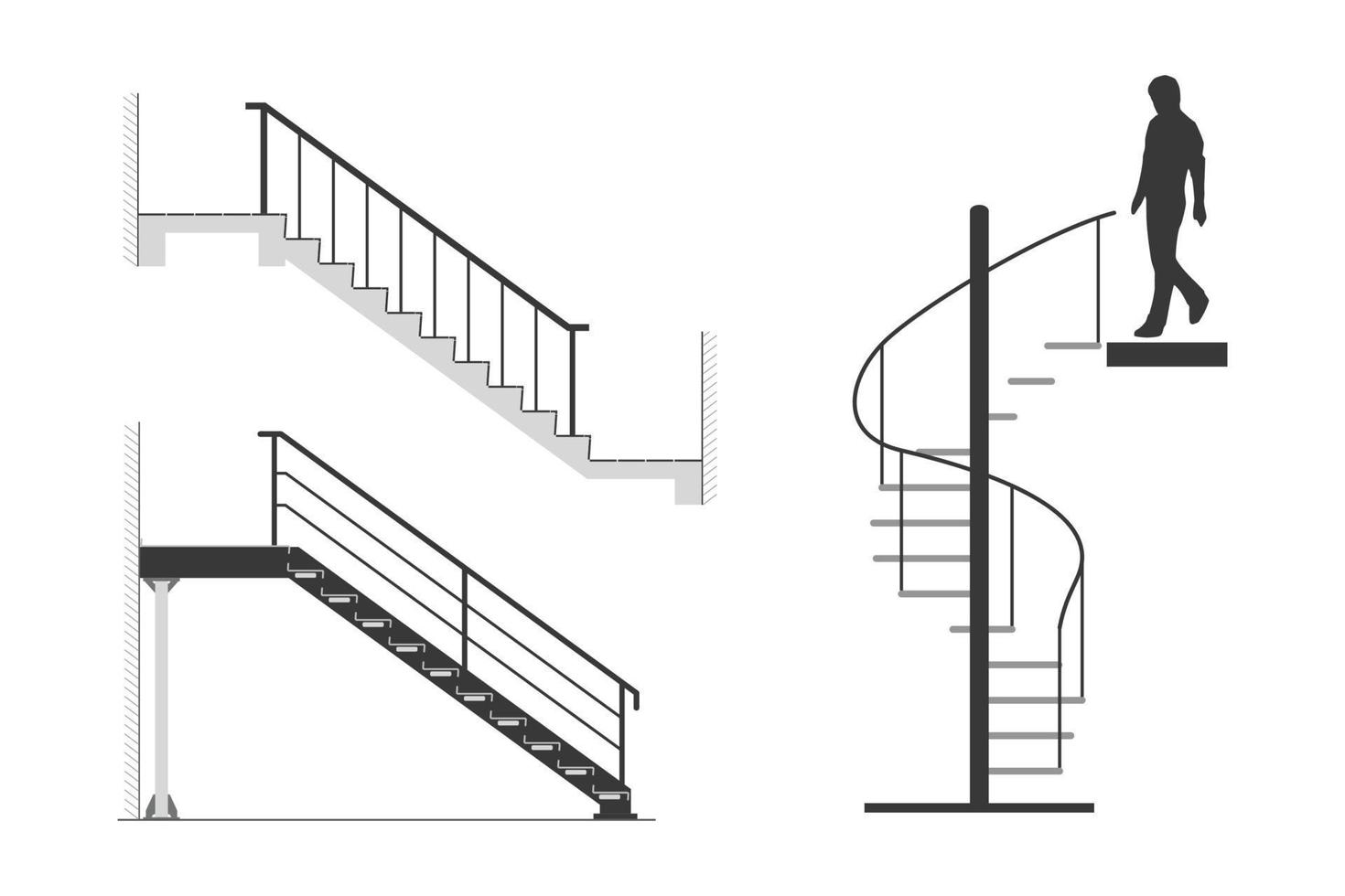 conjunto de escaleras de acero con silueta de hombre bajar escalera de caracol, ilustración vectorial vector