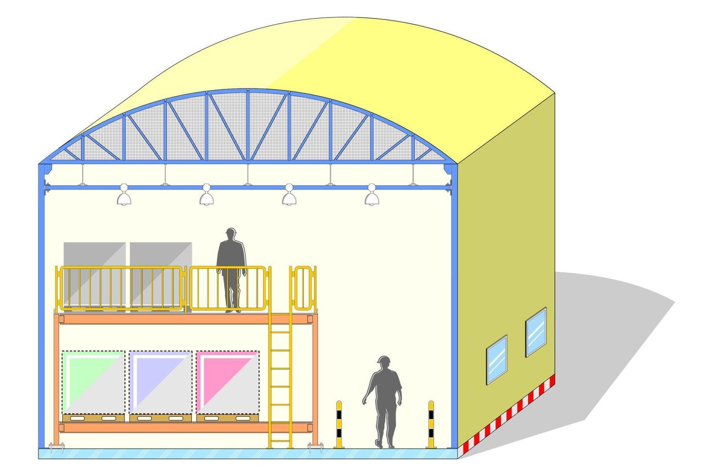 edificio de almacén, fábrica de sección transversal, ilustración vectorial vector
