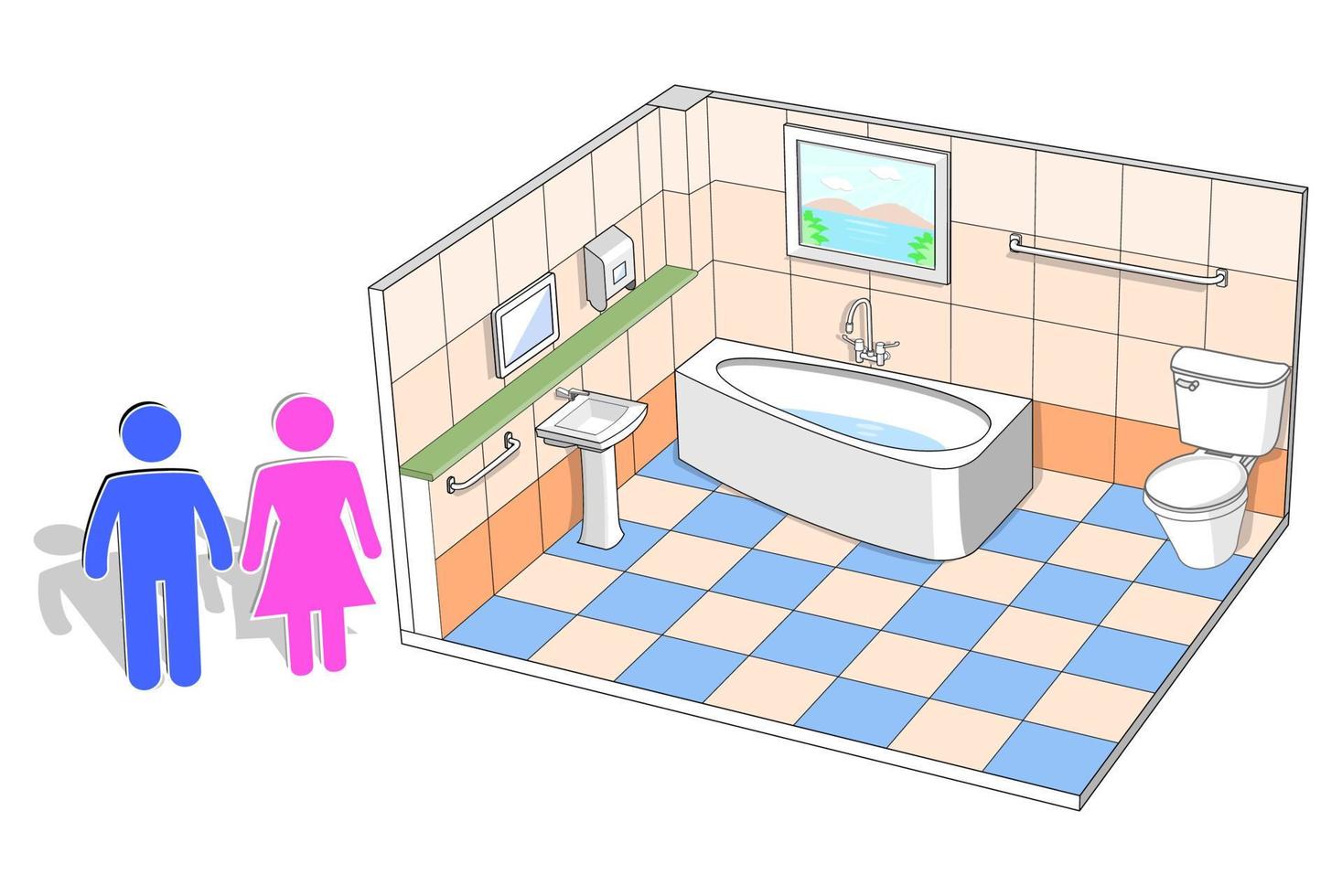 Interior of modern bathroom with bathtub isometric view, vector illustration