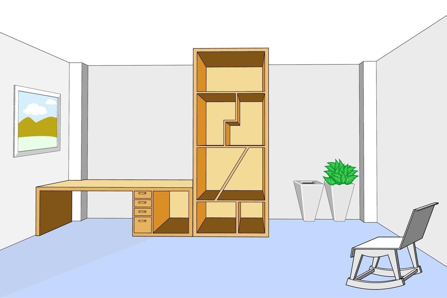 Bookcase and desk 3d in empty room vector illustration