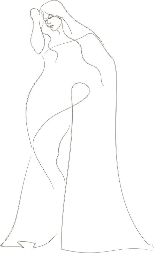 beautiful long -haired girl wearing an Indian sari drawn in an art line style on a white background .jpg vector